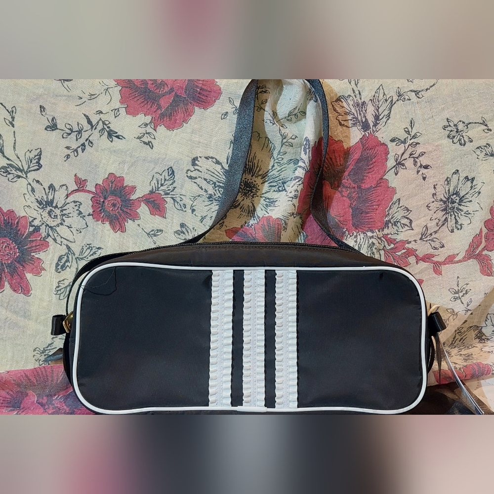 Black Messenger Bag with White Triple Stripe Accent
